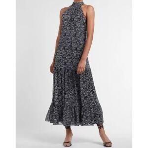 Express Printed Tiered Maxi Dress M High Neck Tie Back Boho Flowy Summer